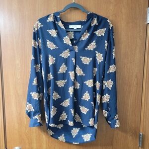 BOGO Loft Navy Floral Long Sleeve V-Neck Blouse Size XS